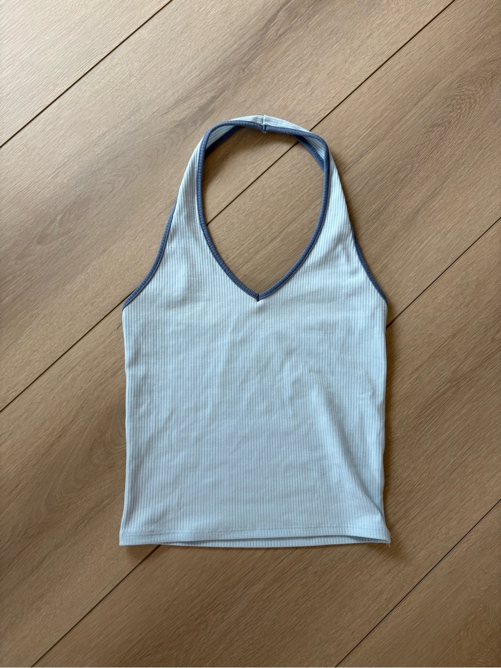 American Eagle Outfitters Light Blue Ribbed Halter Tank with Navy Trim